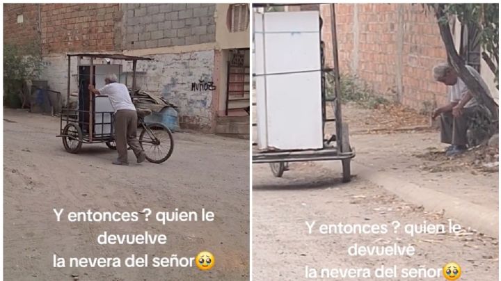 Viejito lleva su refrigerador descompuesto en un triciclo y enternece a las redes: VIDEO