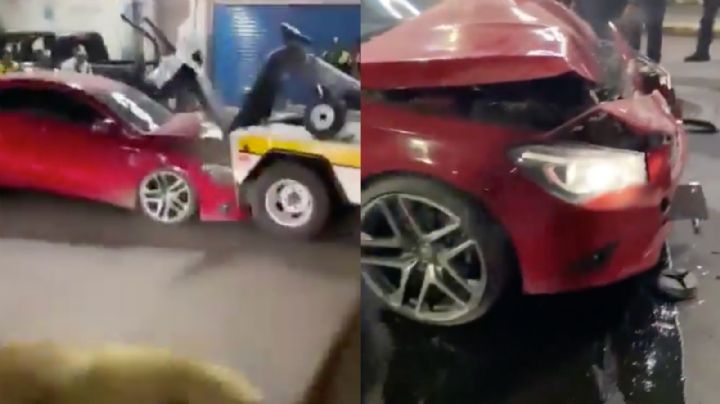 Mujer en auto de lujo y sin placas intenta huir con su hija de 2 años, pero choca con grúa de policía: VIDEO