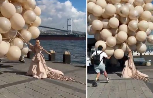Sesión de fotos sale mal y novia es arrastrada por globos gigantes