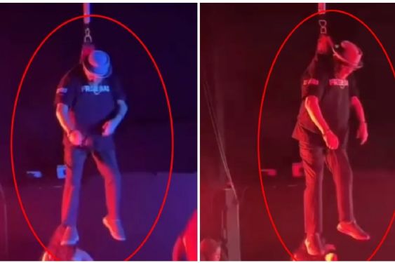 Rapero se desmaya en pleno concierto y queda colgando de un arnés en medio del escenario | IMÁGENES FUERTES